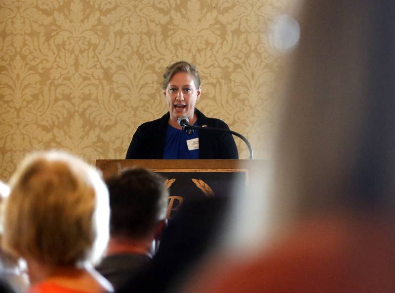 Award recipient Nicole Eisenrich speaks during the Northwest Herald's Women of Distinction award luncheon Wednesday June 7, 2023, at Boulder Ridge Country Club, in Lake in the Hills. The luncheon recognized 10 women in the community as Women of Distinction.