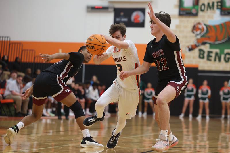 Plainfield East’s Joshua Stone drives to the basket against Plainfield North on Tuesday, Jan 14, 2025.