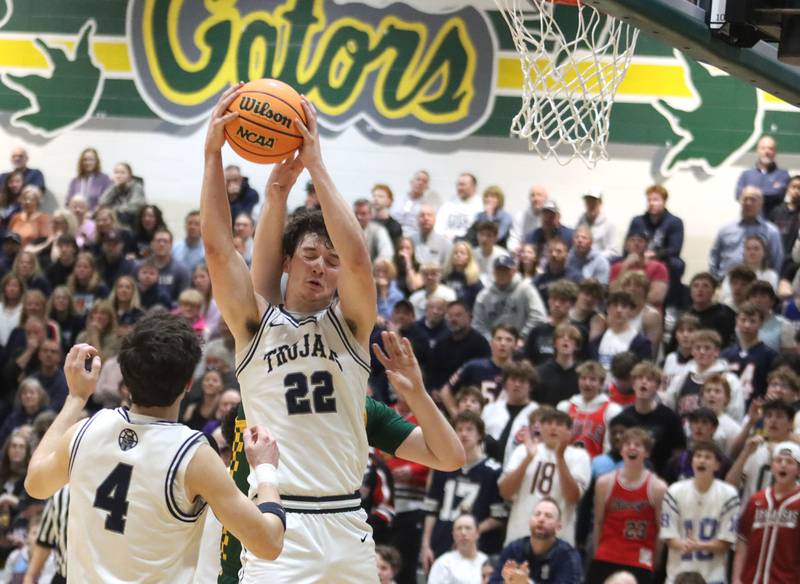 Cary-Grove’s  Adam Bauer grabs a rebound against Crystal Lake South in boys IHSA Class 3A Regional Championship basketball on Friday, Feb. 27, 2026, at Crystal Lake South High School in Crystal Lake.