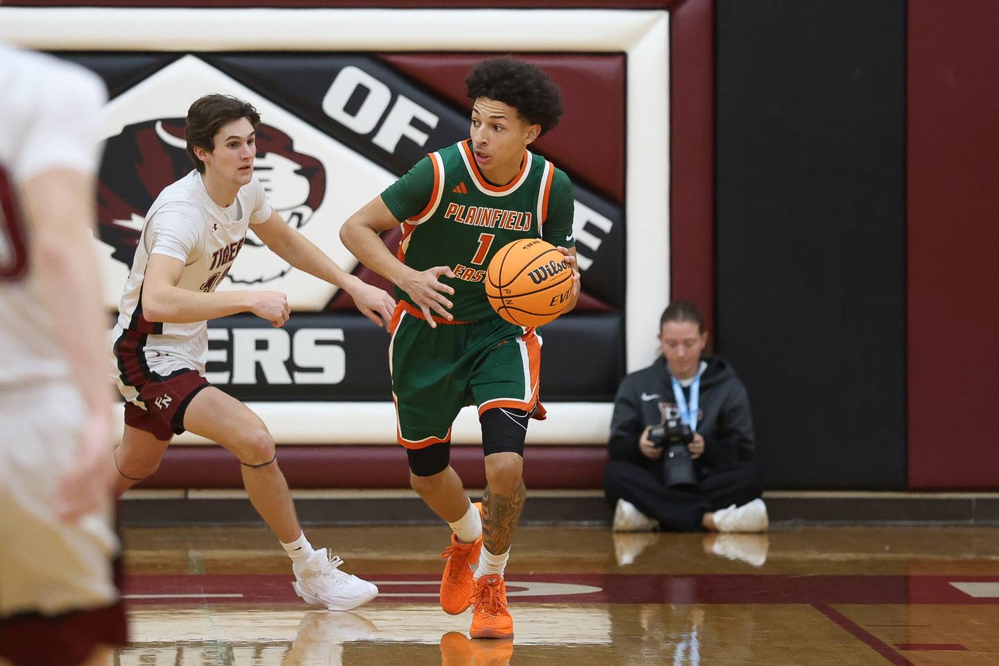 Plainfield East’s Kierre Miller breaks upcourt after a rebound against Plainfield North on Tuesday, Dec. 9, 2025 in Plainfield.