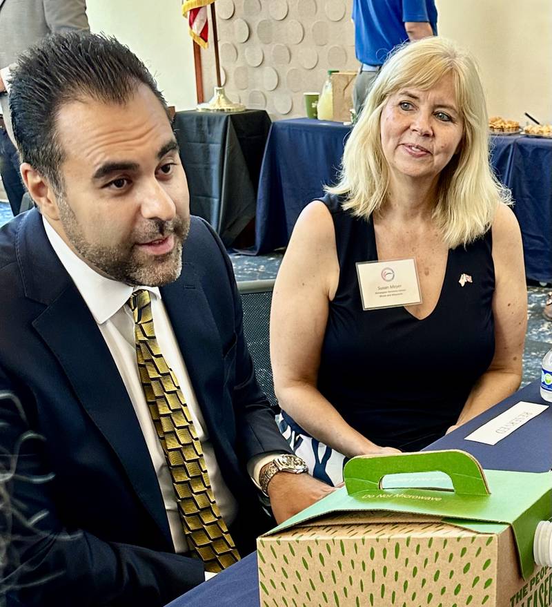 President Masud Gharahkhani, president of the Norwegian Parliament (Stortinget) and The Norwegian Honorary Consulate in Chicago, Susan Meyer, spoke Friday, July 5, 2024, to representatives from the Norsk Museum in Norway, Illinois.