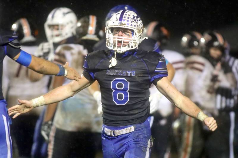 Burlington Central’s Tyler McGladdery reacts after scoring his second of two touchdowns against Harlem in IHSA football Class 6A second-round playoff action at Central High School in Burlington on Saturday, November 8, 2025.