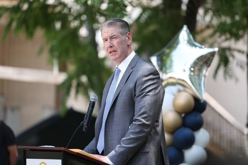 Senator John Curran speaks at the Lemont 150th Anniversary Commemoration on Friday, June 9, 2023 in downtown Lemont.