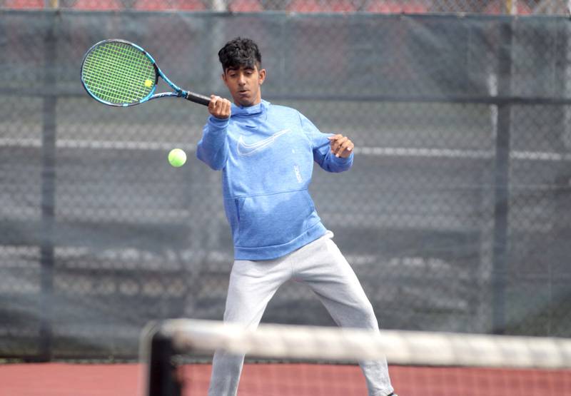 Umar Bajwa of St. Francis competes in the Class 1A Boys State Tennis Meet at Conant High School on Thursday, May 25, 2023.