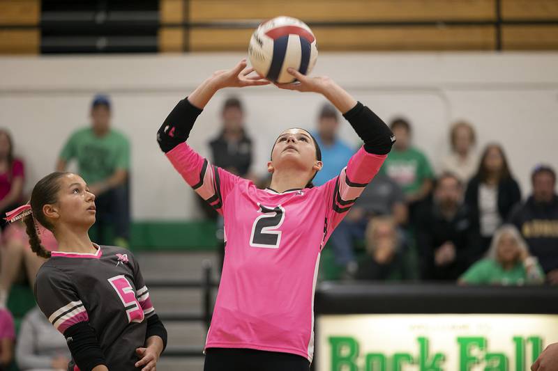 Rock Falls’ Kaltrina Lecaj sets the ball against Stillman Valley Tuesday, October 8, 2024 at Rock Falls High School.