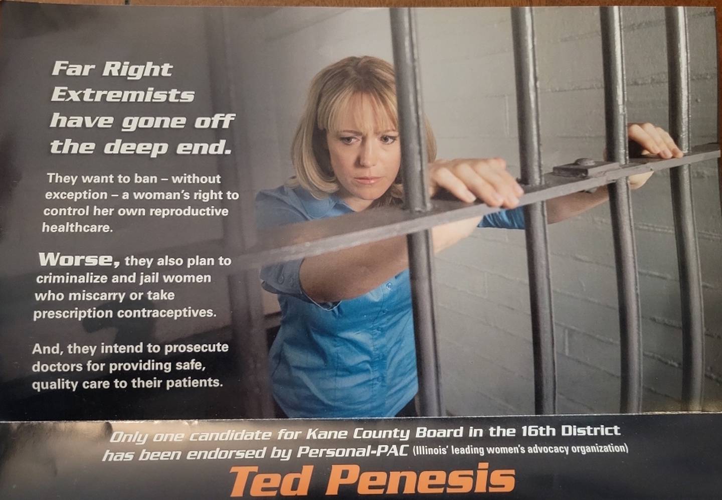 A campaign mail piece from Democrat Ted Penesis touts his support for abortion rights and his endorsement by Personal PAC, a pro-choice organization.