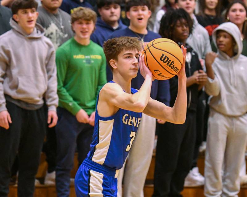 Geneva's Nathan Palmer (3) takes a shot during the game on Tuesday Jan. 6, 2025, while traveling to take on Glenbard North High School.