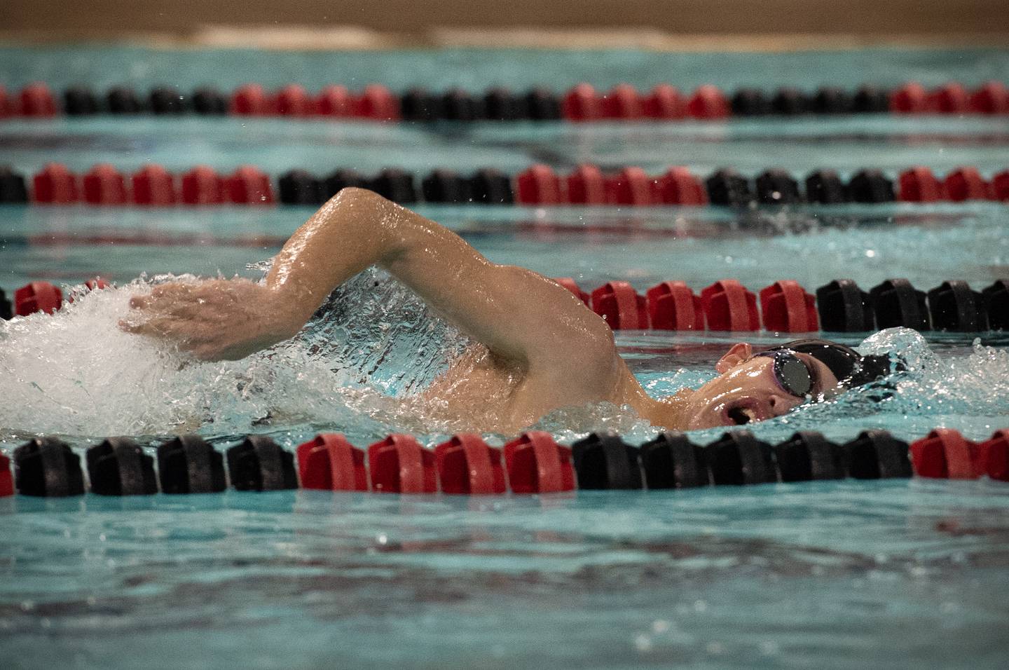Kankakee's Ryan Shepherd competes in the 500-yard freestyle on Tuesday, Feb. 4, 2025, during the Kays' meet against Bradley-Bourbonnais.