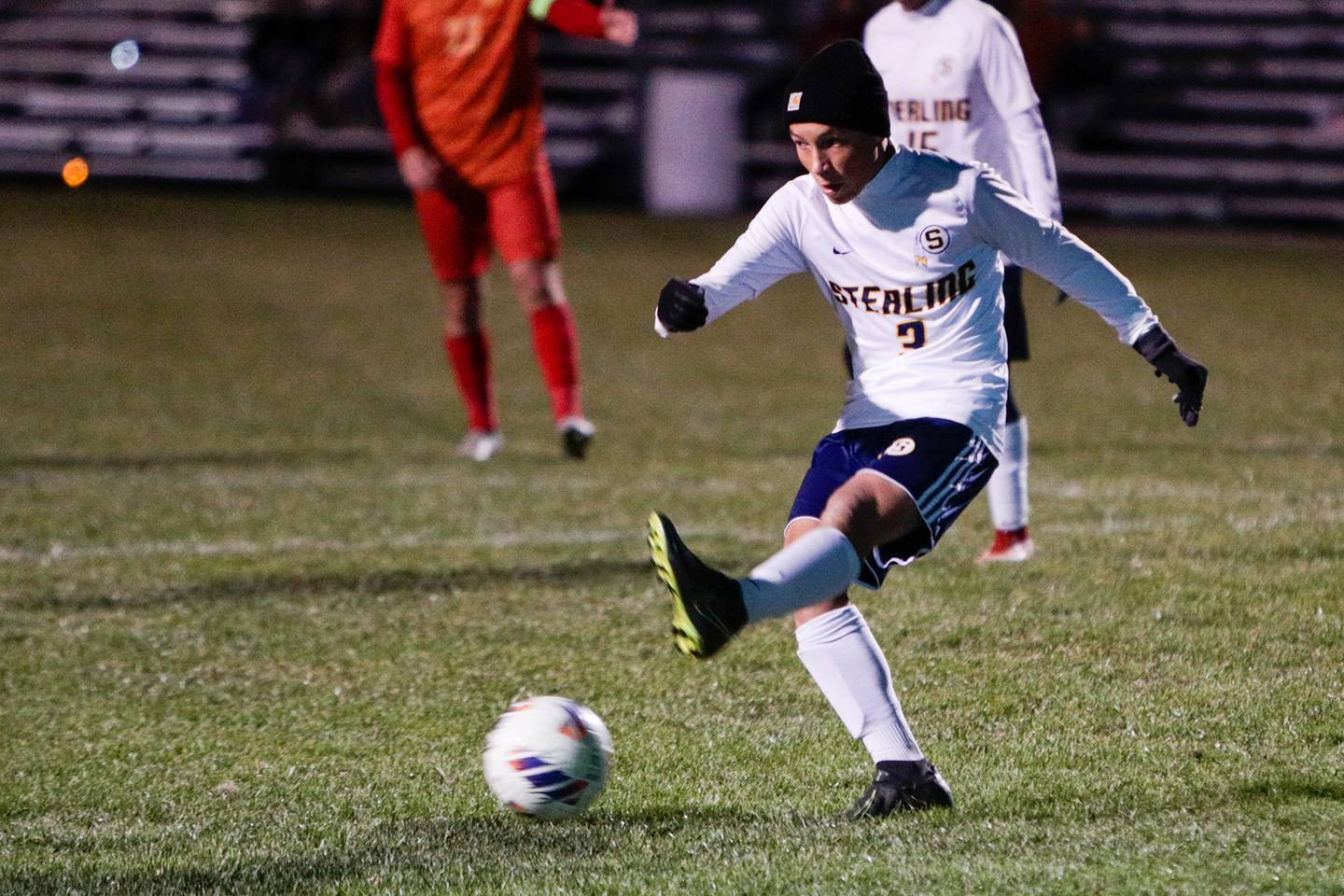 Sterling's Ian Hilty (3) kicks the ball during the first half of an IHSA class 2a boys soccer match, Tuesday, Oct. 18, 2022, in Geneseo.