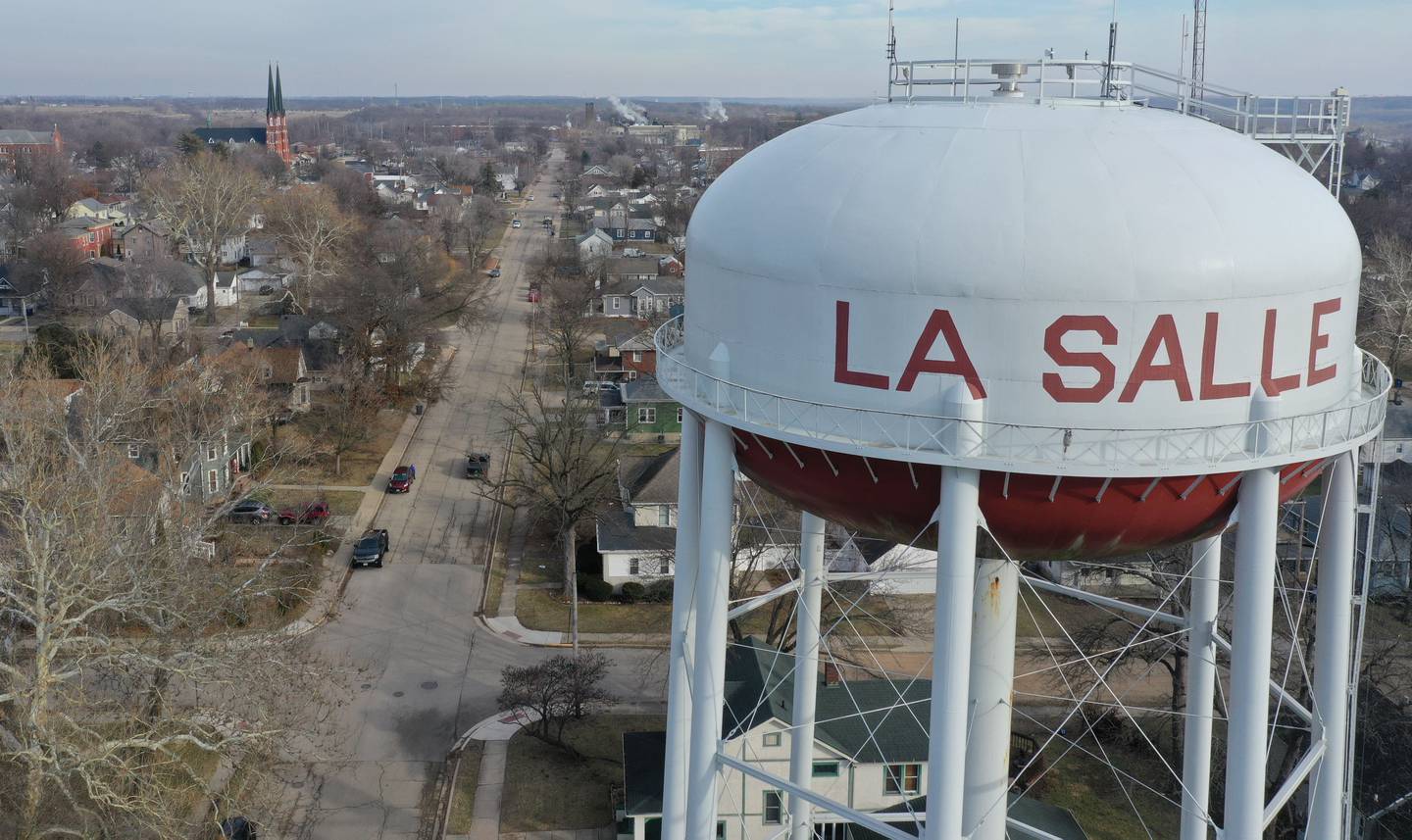 An aerial view of the La Salle water tower on Monday, Jan. 5, 2026 near the intersection of Bucklin and 9th Streets in La Salle. The City of La Salle held a public hearing reguarding replacement of old and undersized mater mains with new 8-inch water mains. The locations include 1st Street between Creve Coeur Street and Gooding Street, 7th Street between Sterling Street and Todd Street, and Rockwell Road between the Illinois Cement Plant and 508th Road. See attached map for project locations.