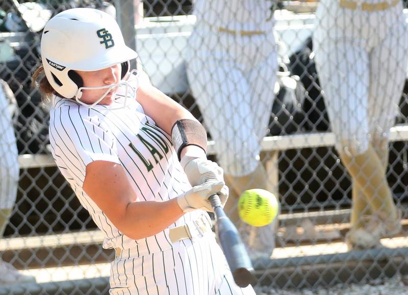 St. Bede's Maddy Dalton makes contact with the ball against Woodland/Flanagan-Cornell on Monday, April 29, 2024 at St. Bede Academy.