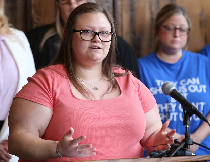 Emily Schaub expectant mother of La Salle addresses the media regarding the recent closure of  St. Margaret's Health-Peru on Monday, Feb. 6, 2023 at Westclox in Peru.