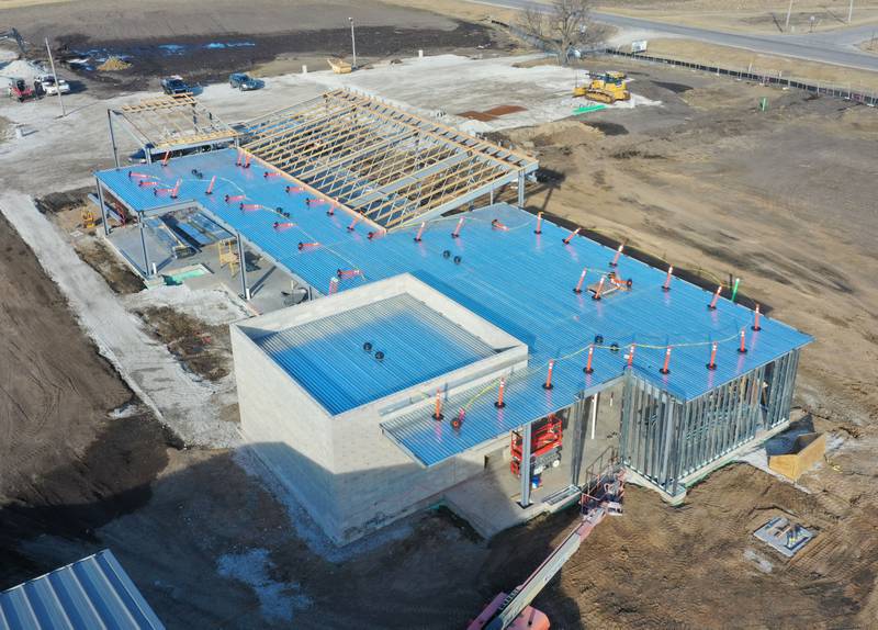 An aerial view of the Dr. Alfred E. Wisgoski Agricultural Education Center on Wednesday, Feb. 11, 2026 at Illinois Valley Community College in Oglesby. The new building will help redefine the IVCC agriculture program, outfitting the college to train and upskill agriculture workers, aid in the development of new technology, and sustainable practices. Approximately 1.6 million has been pledged for the agricultural center. IVCC will offer a community donation program later this spring. The 10,250 square-foot building is to be ready for occupancy in 2027.