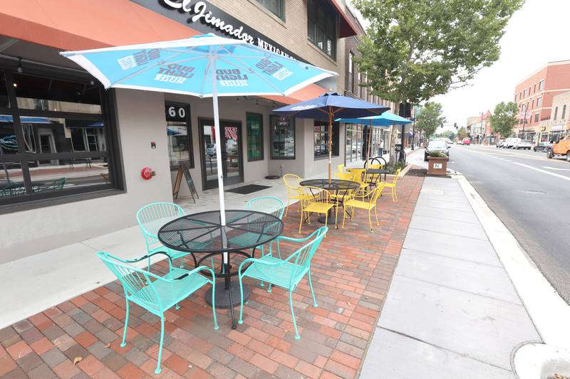 Some of the outdoor seating now available Thursday, Aug. 25, 2022, in front of El Jimador on Lincoln Highway after the recent downtown DeKalb renovations.