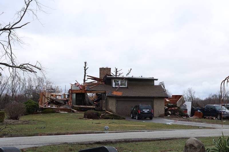 Portions of the home belonging to Jesse and Kendahl Garcia on Shaftsbury Road in Aroma Park are missing on March 11, 2026 following a March 10 tornado that passed through Kankakee County.