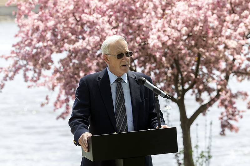 Dixon mayor Glen Hughes addresses the crowd during the Dixon Bridge Disaster landmark unveiling Sunday, May 7, 2023.