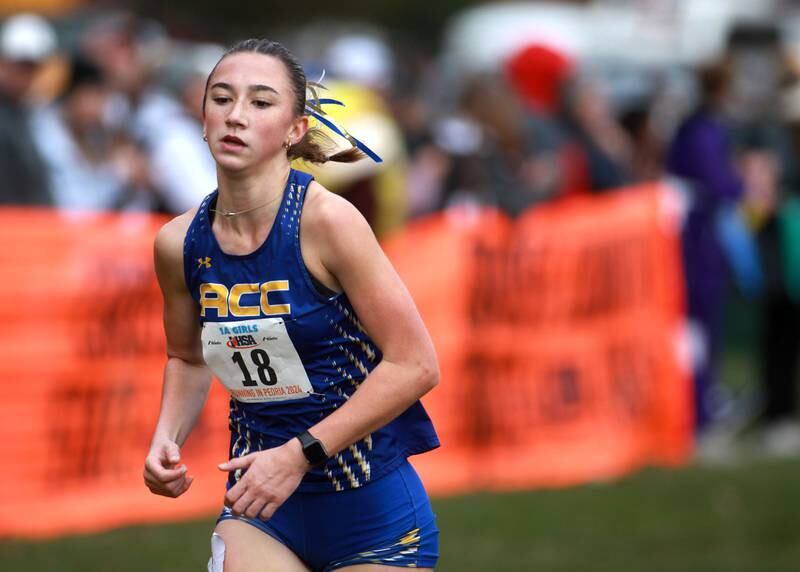 Aurora Central Catholic's Cecilia Hilby competes in the Class 1A State Cross Country Championships on Saturday, Nov. 9, 2024 at Detweiller Park in Peoria.