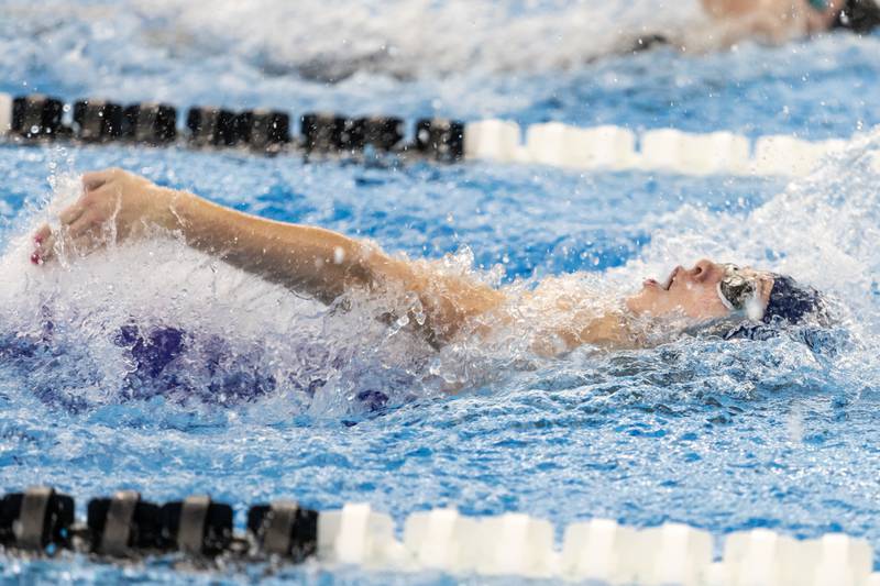 Dundee-Crown’s Rachel Johnson competes in the 200 Yard Medley Relay during the IHSA Girls State Swimming Preliminaries at FMC Natatorium in Westmont on Nov. 14, 2025.