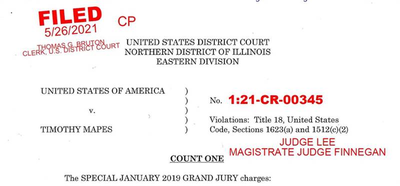 The front page of an indictment of former chief of staff to former House Speaker Michael Madigan is pictured as filed by federal prosecutors.