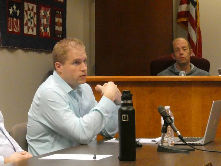 Fox River Grove Village Administrator Derek Soderholm fields questions on Tuesday, May 3, 2022, about several downtown development projects, including a partially constructed apartment complex off of Algonquin Road that is now the subject of a complaint for foreclosure.