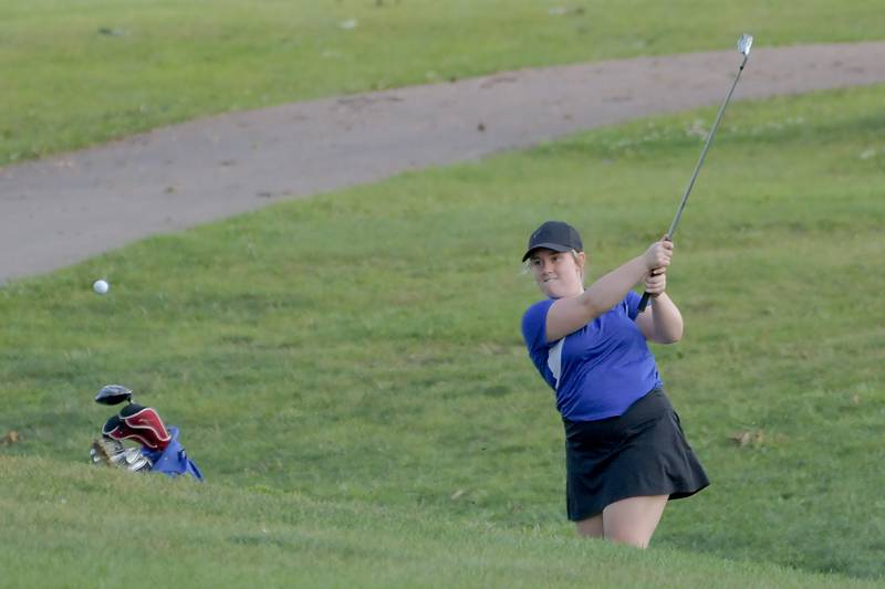 Hinckley-Big Rock's Evelyn Lauer hits the ball during golf at Indian Oak Golf Course in Shabbona on Tuesday, Aug. 15, 2023.