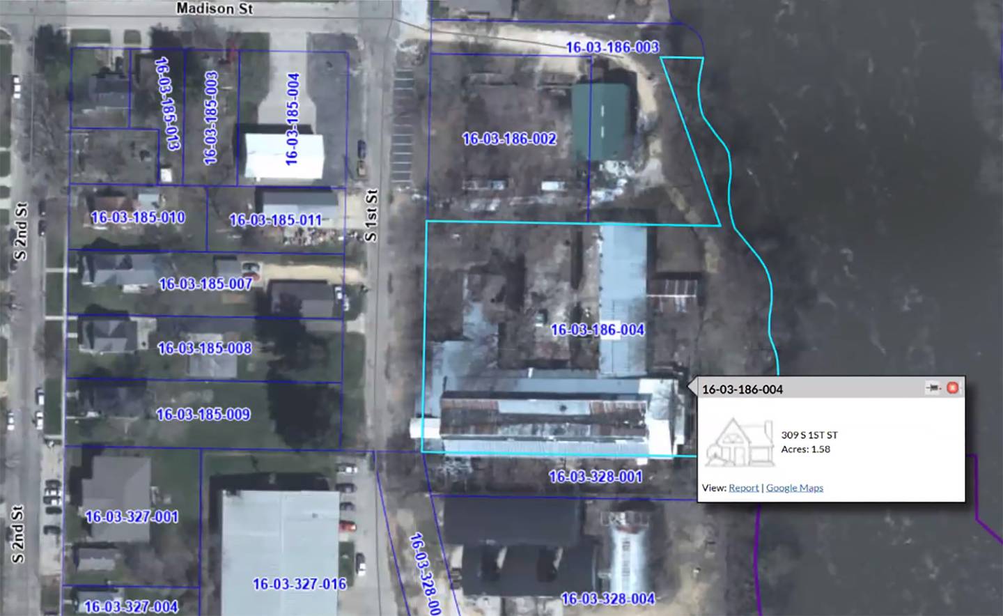 This map shows the property recently purchased by the City of Oregon on the west bank of the Rock River at 309 S. First Street.