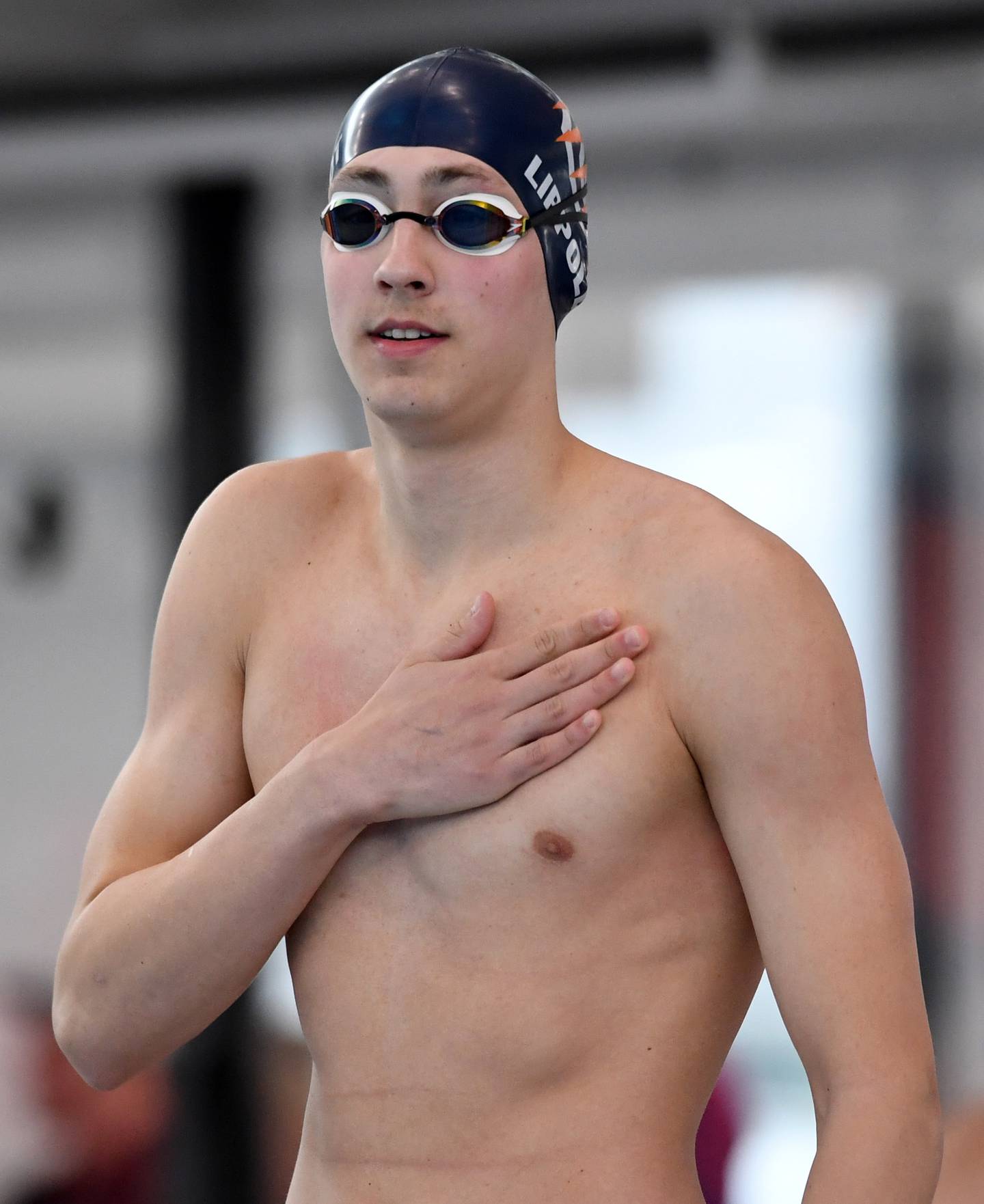 Oswego Coop’s Owen Lippoldt gets ready for the start of the 50-yard freesyle during the boys state swimming and diving finals at the FMC Natatorium on Saturday, Feb. 28, 2026 in Westmont.