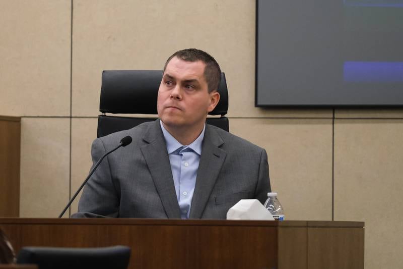 Jeremy Boshears, 36, answers question during cross examination. Boshears is charged with the murder of Kaitlyn “Katie” Kearns, 24, on Nov. 13, 2017. Wednesday, April 27, 2022, in Joliet.