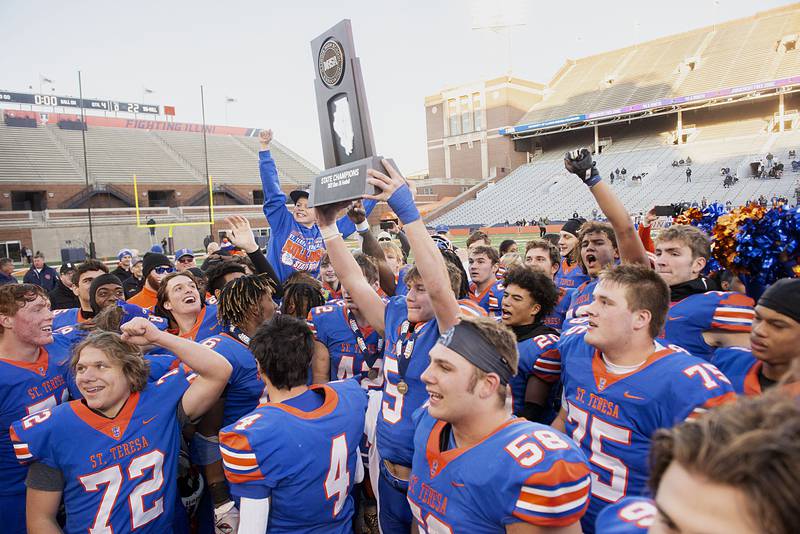 The St. Teresa Decatur Bulldogs are the class 2A IHSA football state champions, besting Tri-Valley Downs 29-22 Friday, Nov. 25, 2022.