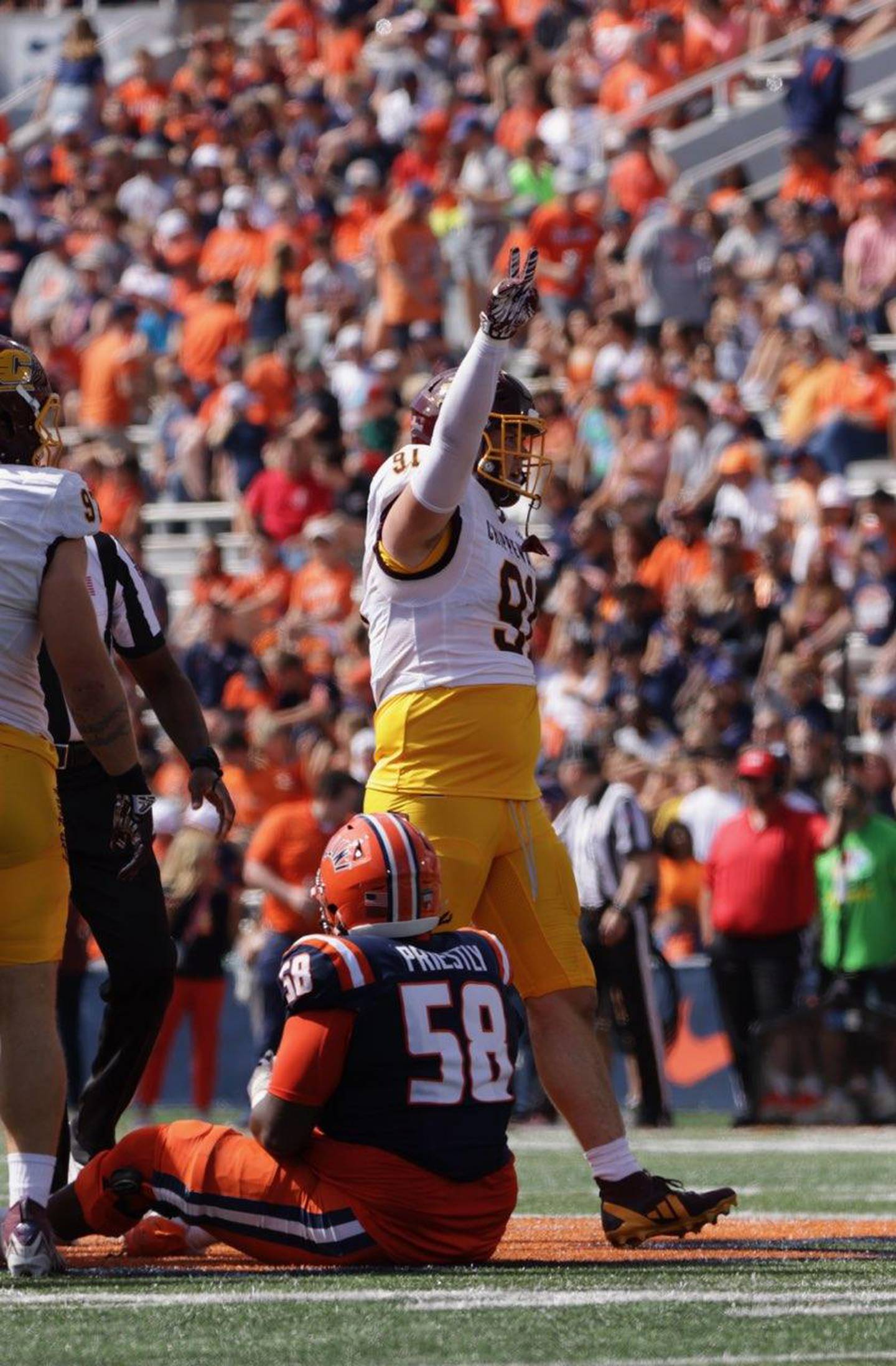 Central Michigan's Jonah Pace celebrates a tackle during the 2024 season. The Marengo graduate has transferred to Iowa for his final season of college eligibility.
