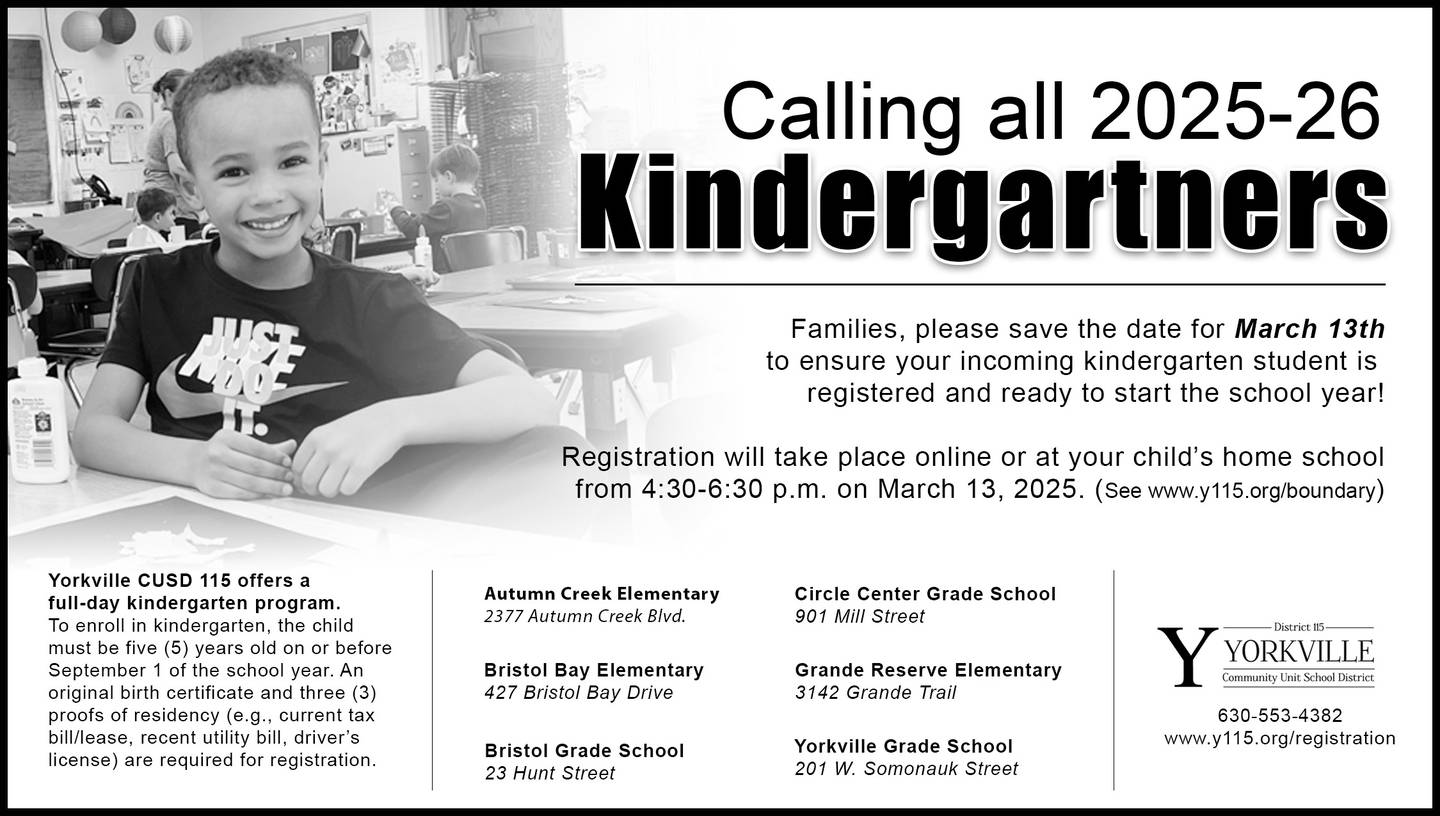 Registration for all-day kindergarten with Yorkville School District 115 takes place March 13, 2025.