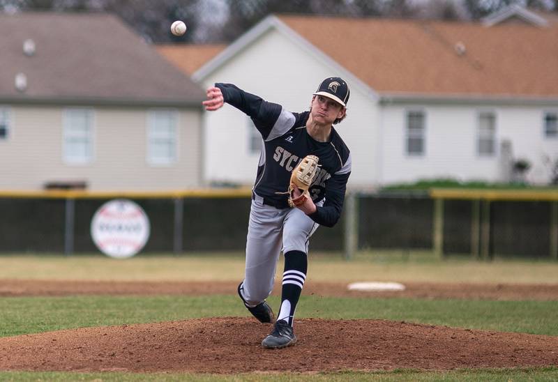 Sycamore's Ethan Storm (3) delivers a pitch against Plano during a baseball game at Plano High School on Monday, April 4, 2022.