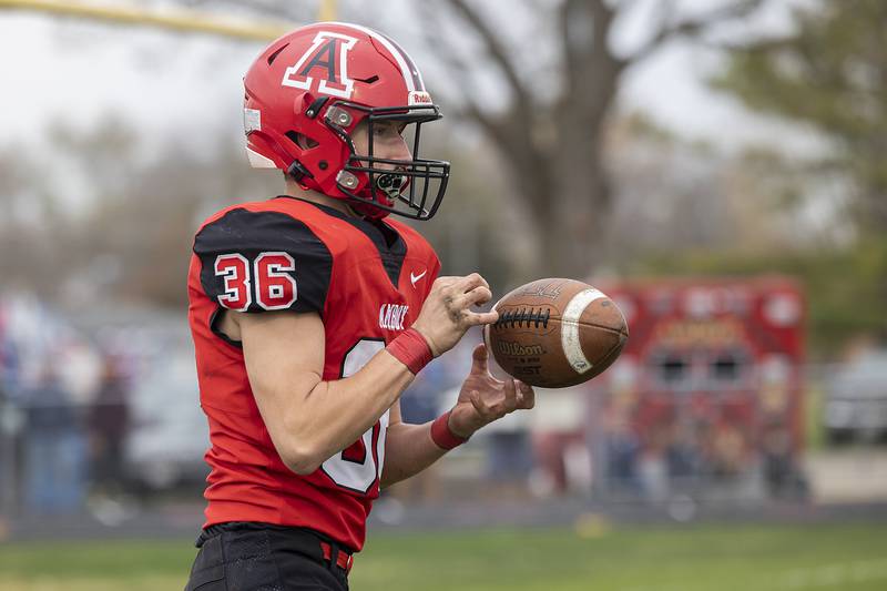 Amboy’s Caleb Yanos makes a catch for a TD against Martinsville Saturday, Nov. 9, 2024, in round two of the 8-man football playoffs.
