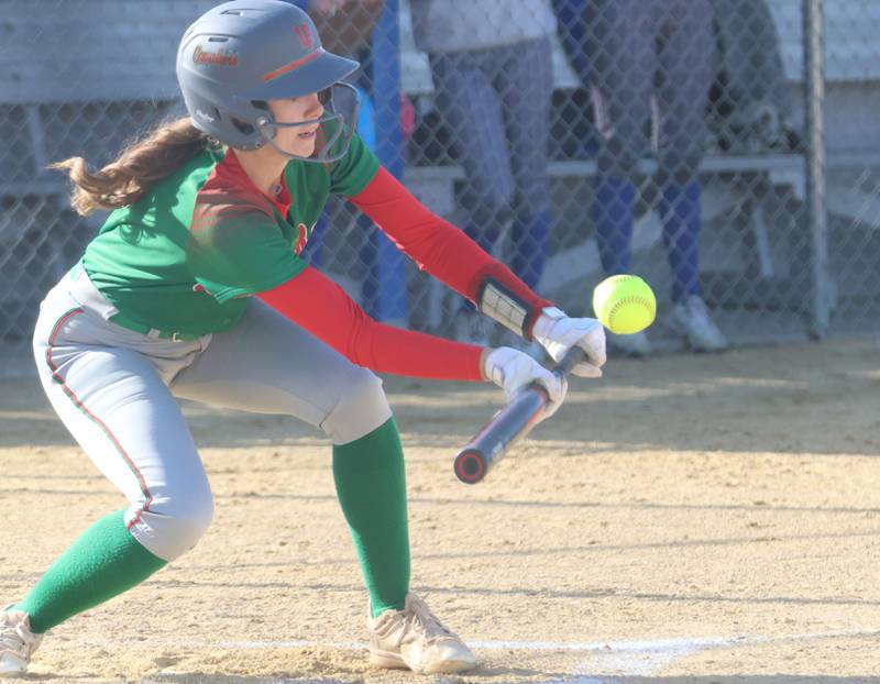 L-P's Dagny Greer bunts the ball against Princeton on Tuesday, March 24, 2026 at Little Sibera Field in Princeton.