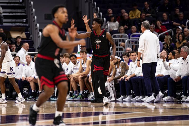 Xavier Amos celebrates early during NIU's game against Northwestern on Monday, November 27, 2023 at Welsh-Ryan Arena in Evanston.