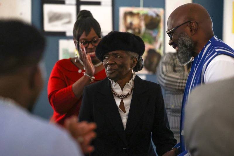 Leola Copeland, widow of the late Kankakee civil rights leader Rev. William Copeland, receives a standing ovation during the opening of the exhibit 'Called to Kankakee: The Life and Legacy of the Rev. William H. Copeland Jr.' at the Kankakee County Museum on Saturday, Feb. 7, 2026.