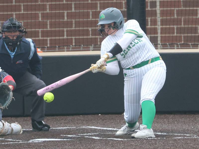 Seneca's Camryn Stecken makes contact with the ball on Friday, May 1, 2026 at Seneca High School.