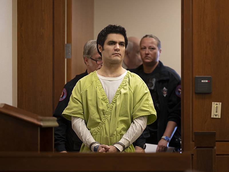 Jonathon Gounaris enters an Ogle County courtroom Thursday, Feb. 6, 2025, for a pretrial hearing.
