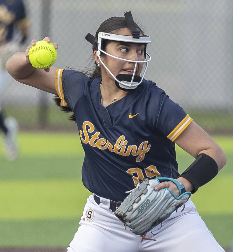 Sterling’s Olivia Castillo throws to first for an out against Quincy Tuesday, March 31, 2026.