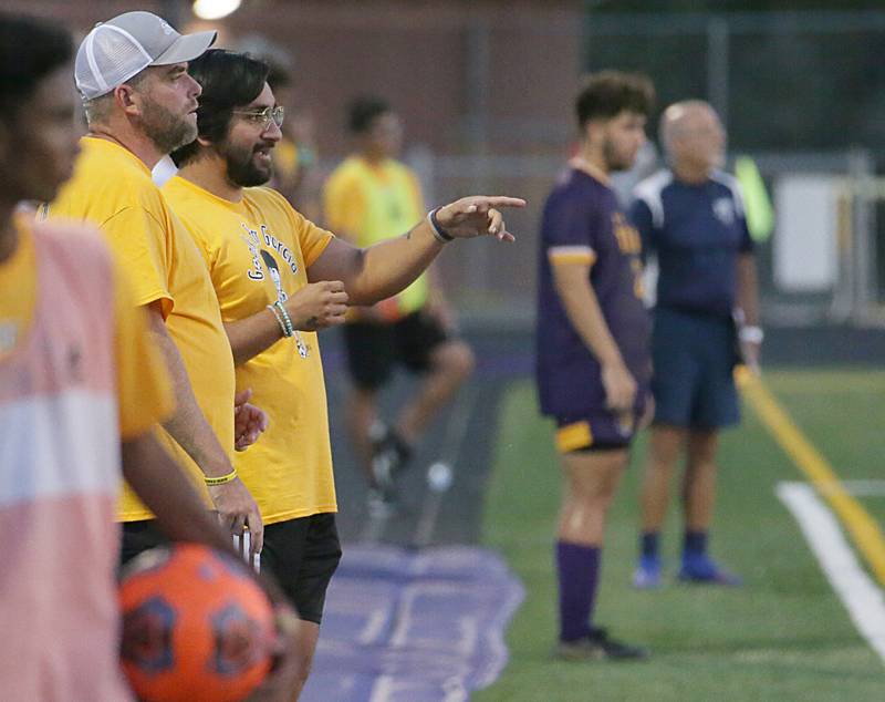 Mendota soccer coach Nick Myers and assistant coach Rey Arteaga coach the Mendota Soccer team against Bloomington Central Catholic on Wednesday, Sept. 14, 2022 in Mendota.