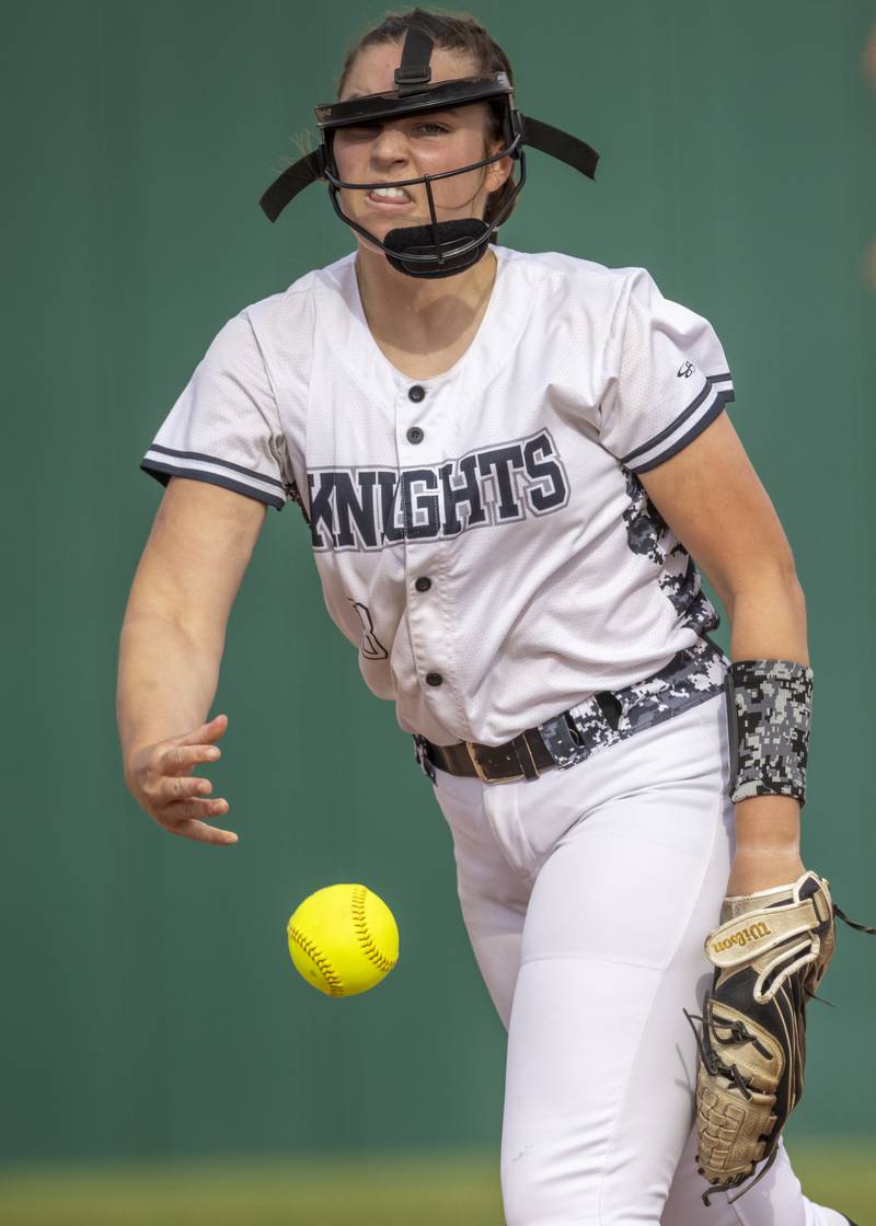 Kaneland Pitcher Brynn Woods releases a pitch against during the game against LaSalle Peru High School on April 28, 2025 at the LaSalle Peru High School Sports Complex.