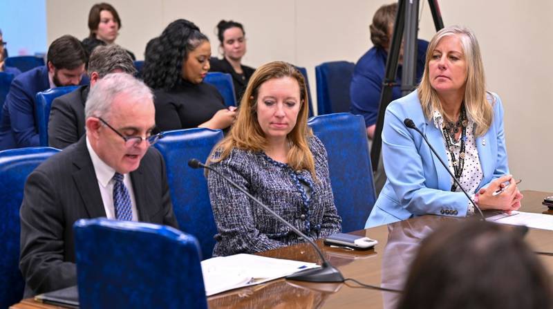 Kane County Assistant State's Attorney Greg Sams (left), State's Attorney Jamie Mosser and State Rep. Stephanie Kifwit, D-Oswego, present House Bill 5271 to the House Judiciary Committee April 2, 2024. The bill would amend state law not to allow 'voluntary intoxication' as an affirmative defense.