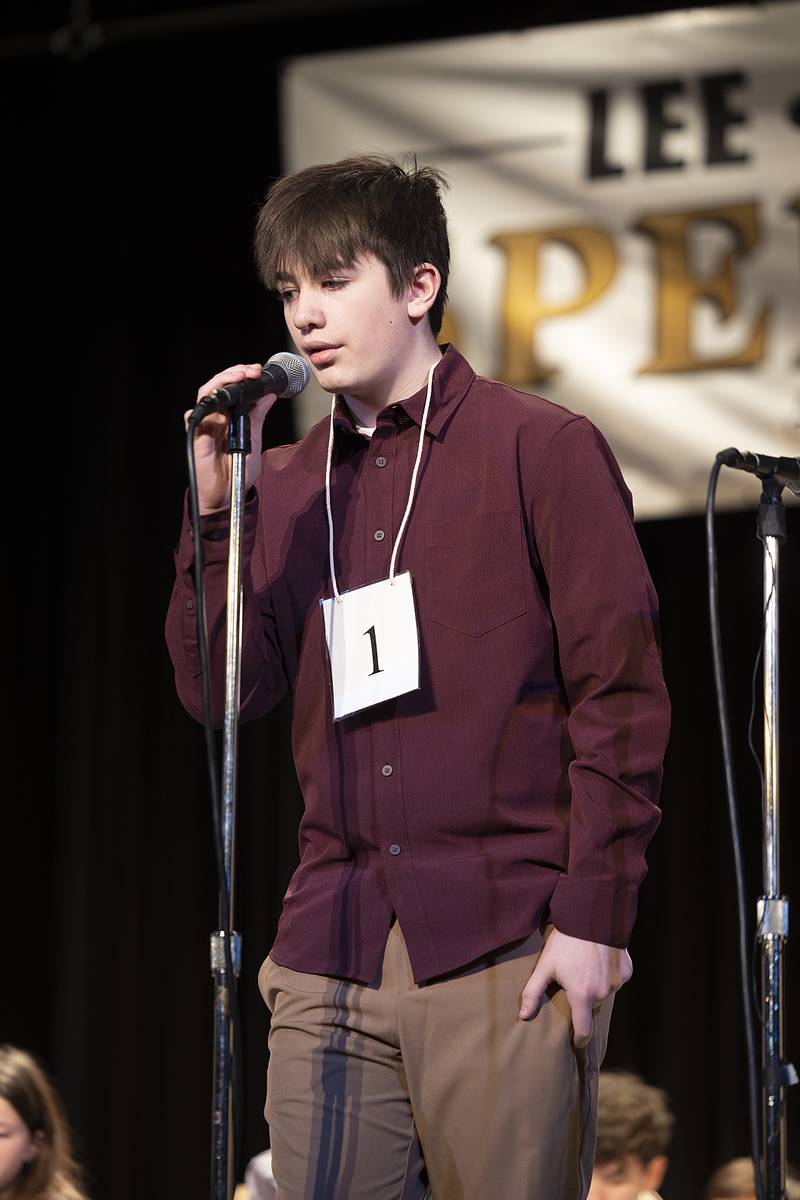 Jackson Buskohl of Aplington Middle School went out on the word "sunseeker" in round one Thursday, Feb. 20, 2025, at the Lee, Ogle, Whiteside County Spelling Bee.
