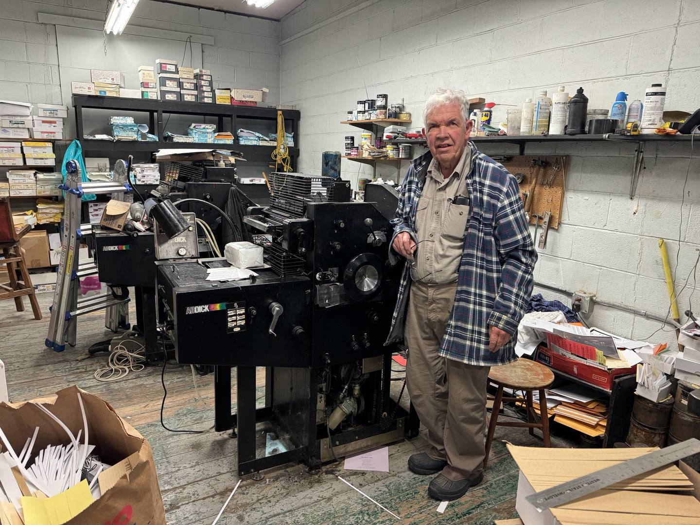 Cal Hammond in his print shop, Cal's Prints, at 123 W. Illinois Ave. in Morris.