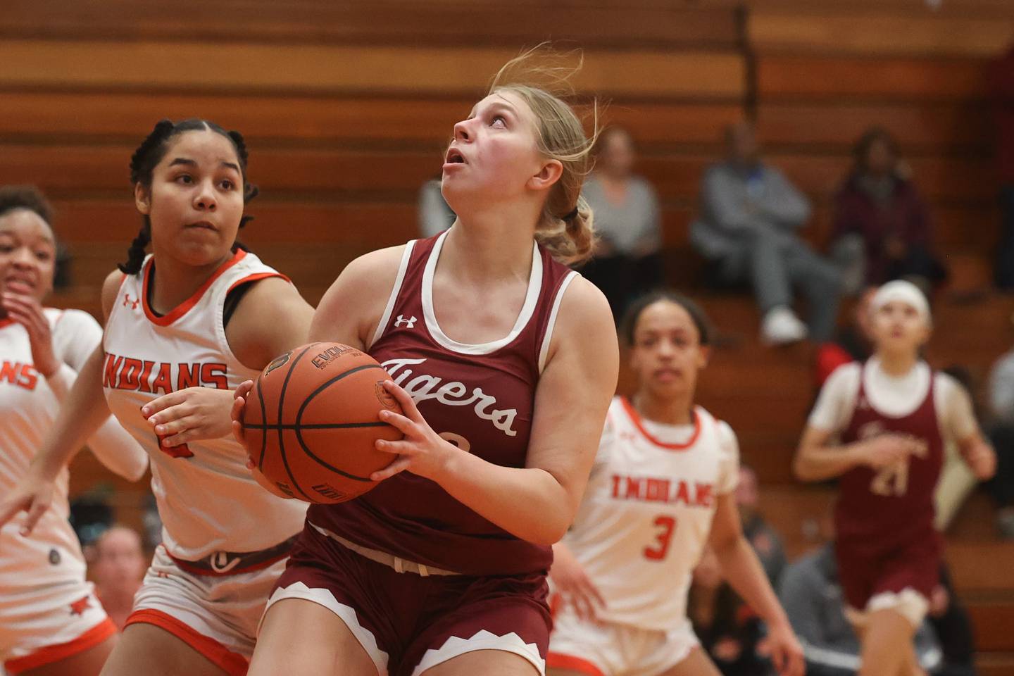 Plainfield North’s Isabella Gruber looks to shoot against Minooka.