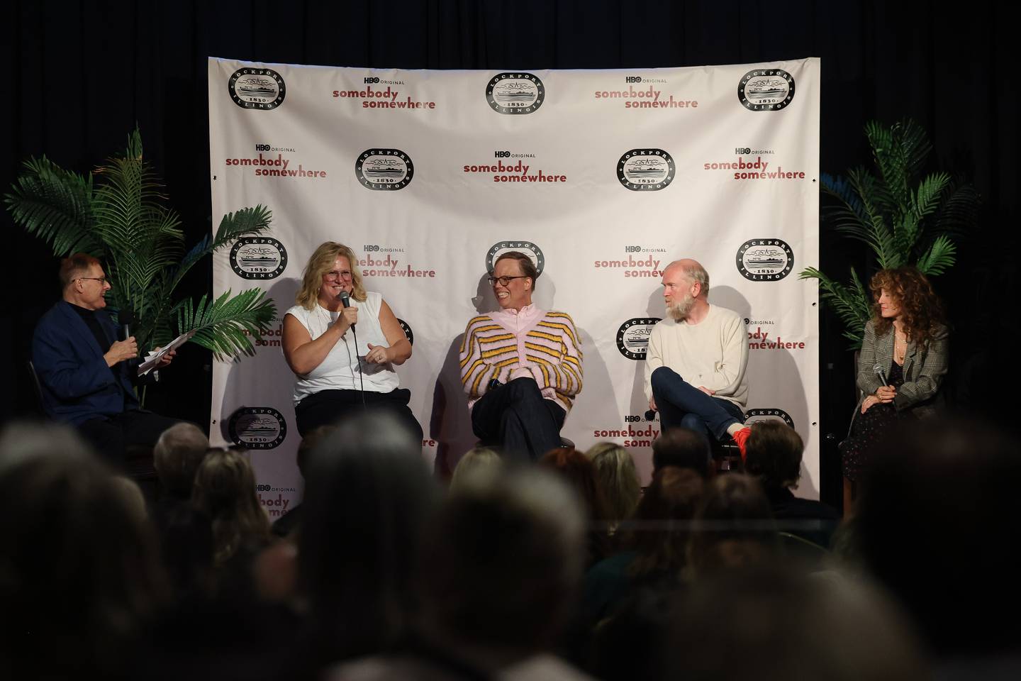 Lockport resident Ron Lif leads a question and answer with actors Bridget Everett and Jeff Hiller and co-creators Paul Thureen and Hannah Bos at the HBO season 3 premiere of "Somebody Somewhere" at Roxy Lockport on Wednesday, Oct. 30, 2024 in Lockport.