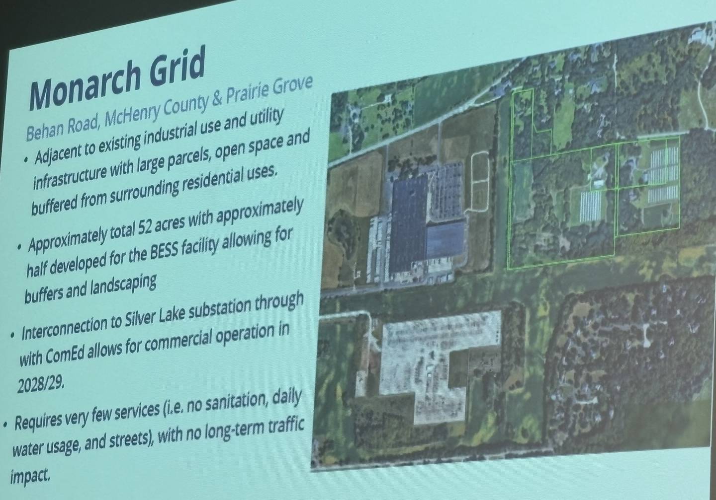 Eolian Energy is considering to propose a battery storage facility called the Monarch Grid in Prairie Grove.