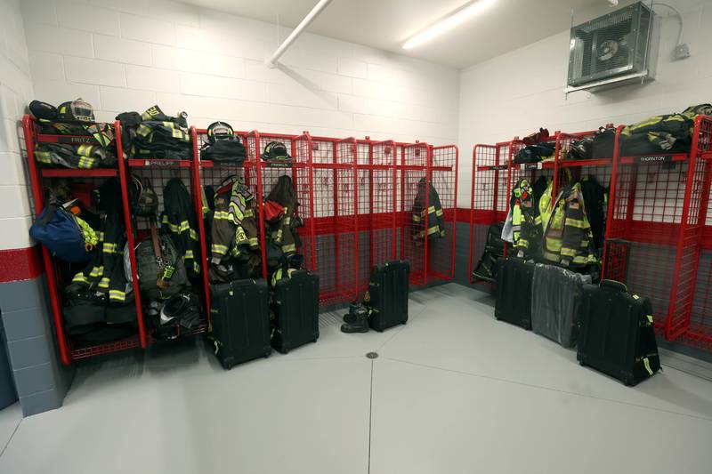 The gear room Tuesday, April 29, 2025, at the newly opened DeKalb Fire Station No. 4 on South Malta Road near the Schnucks shopping center.