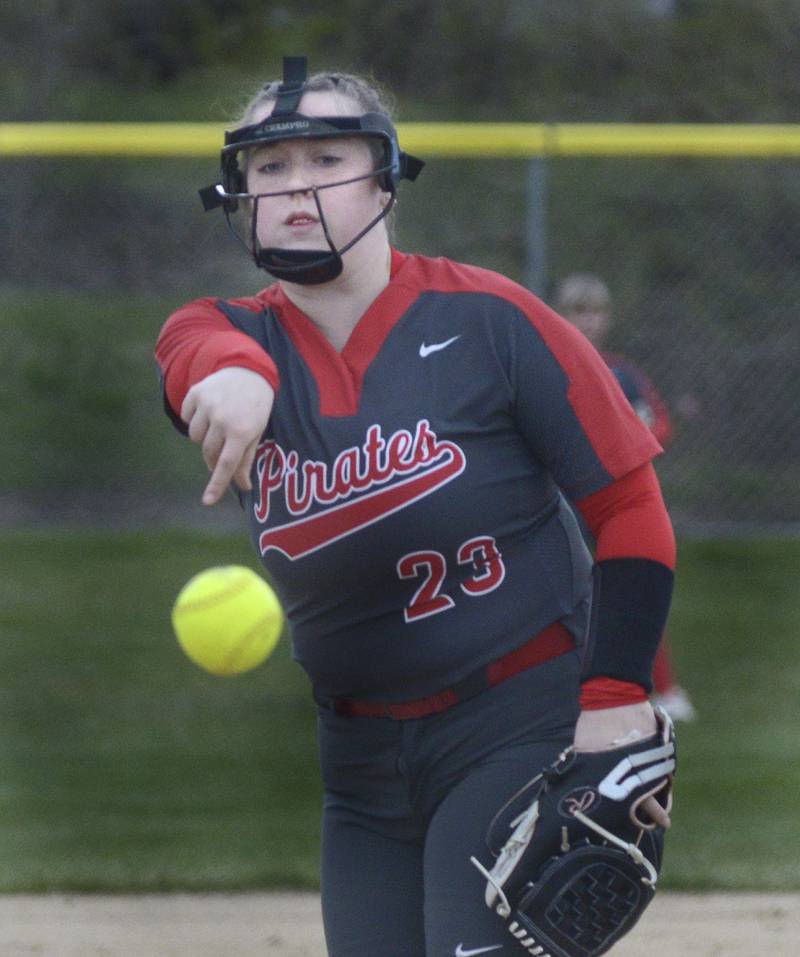 Peyton Bryson lets go with a pitch after coming in relief Friday against Reed Custer at Ottawa.