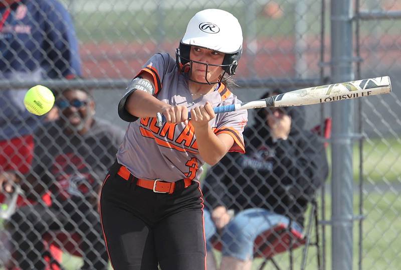 Dekalb's Emma Hart slaps the ball during their Class 4A regional game against Auburn Wednesday, May 24, 2023, at DeKalb High School.